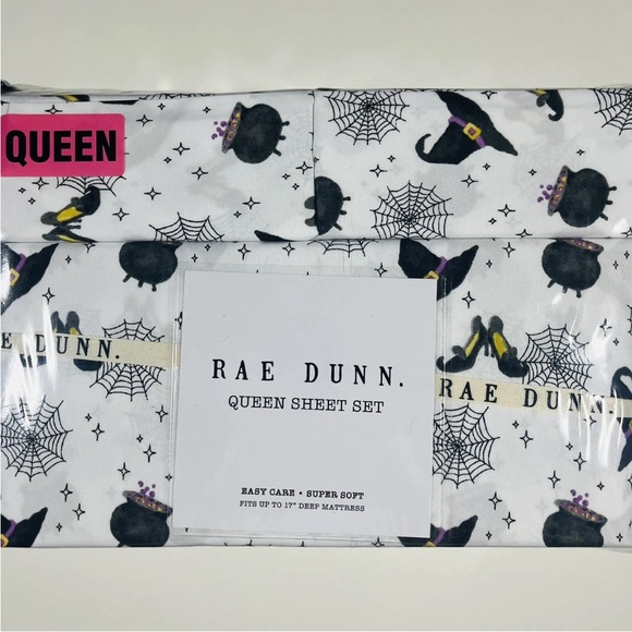 Rae Dunn Halloween QUEEN SIZE SHEET SET Witches Kettle Hat Spider Webs Shoes NEW - Picture 1 of 4
